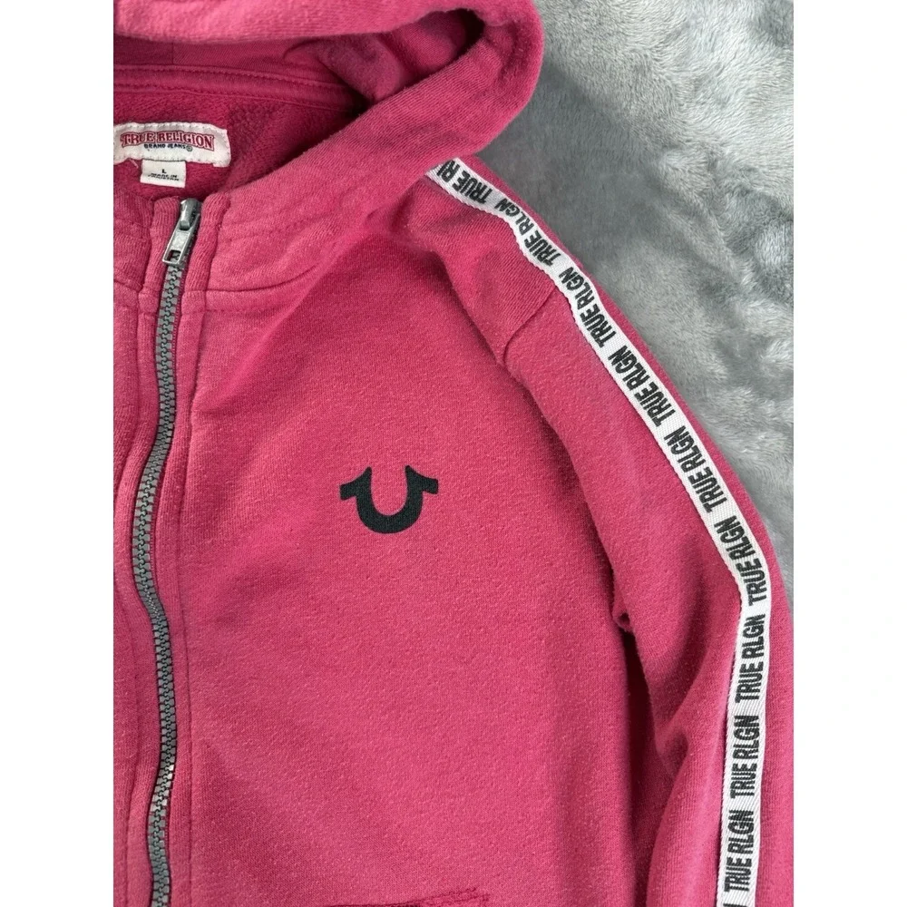 True Religion Silicone Tape PO Hot Pink Pullover Zip Up Hoodie Horseshoe Logo L
